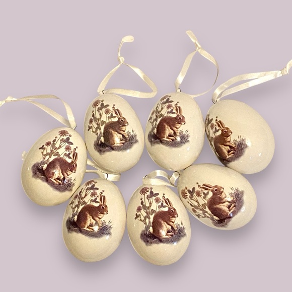 Set of 7 VTG China Bella Lux Christmas Tree Ornament Eggs Rabbits w/White Ribbon - Picture 3 of 8